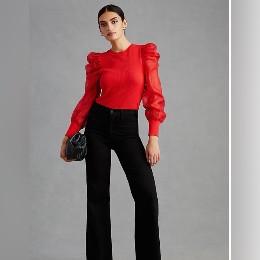 EUC 
Anthropologie Left
Coast Collection 
Red
Taffeta Poof Sleeve
Ribbed Sweater